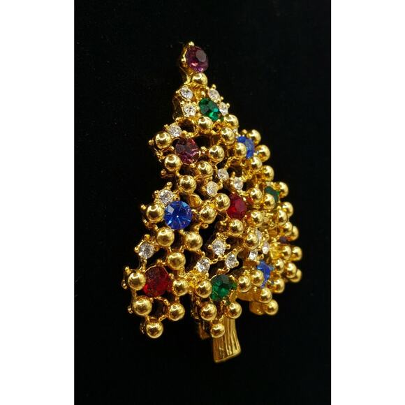 Eisenberg Rhinestone Christmas Tree Brooch Gold Tone Bling Holiday Pin Signed - Picture 4 of 8